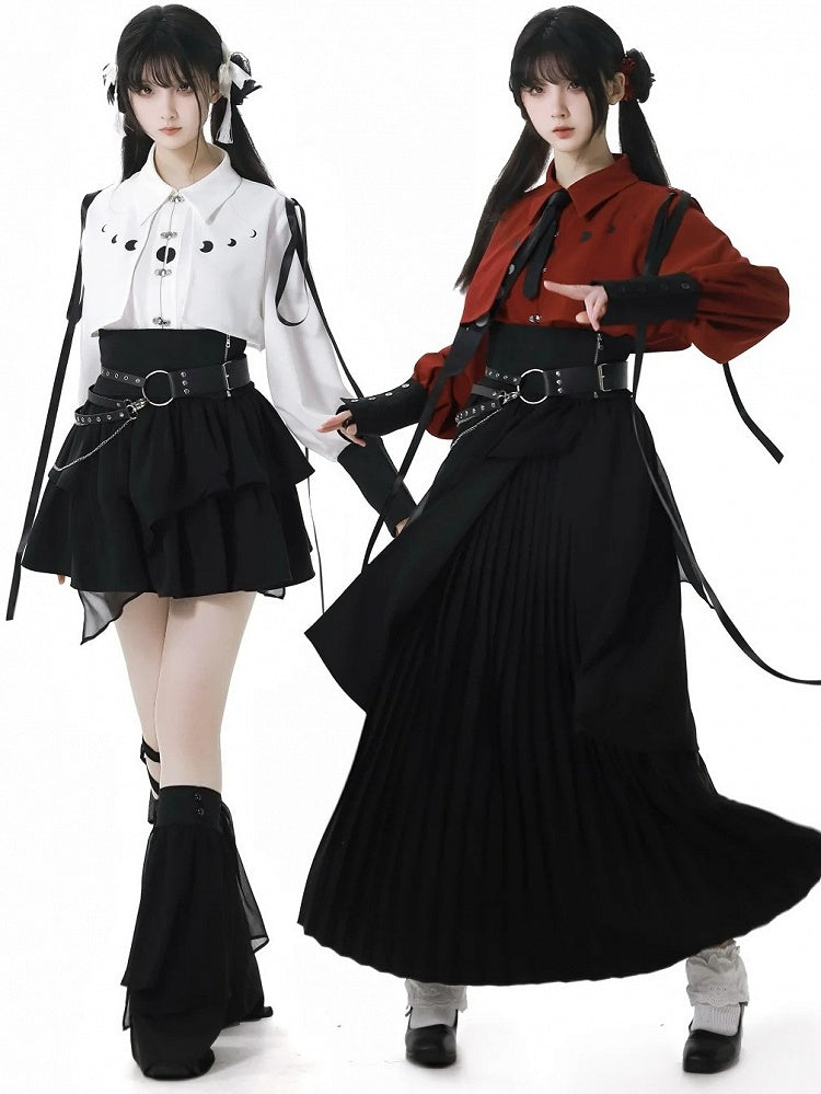 Print Wine Red/White A With Moon Tie Ribbon Shirt