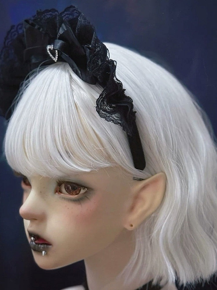 Black Lolita KC Lace Headband with Heart Bow - Strange Sugar
