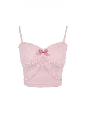 Adjustable Straps Cami Pink Embroidery  Floral Top With Lace