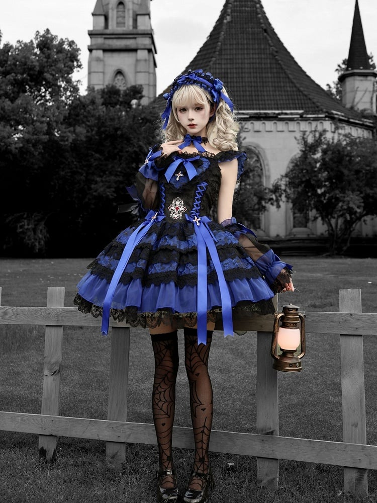 Gothic Lolita JSK Dress with Cross & Spider Details, Layer Lace Trim & Bowknots in Black & Blue - Dream Flower Box