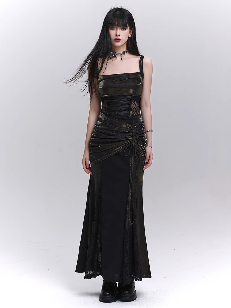 Taillenkordelzug Schwarze Spitze Hüfte Ärmelloses Kleid Patches