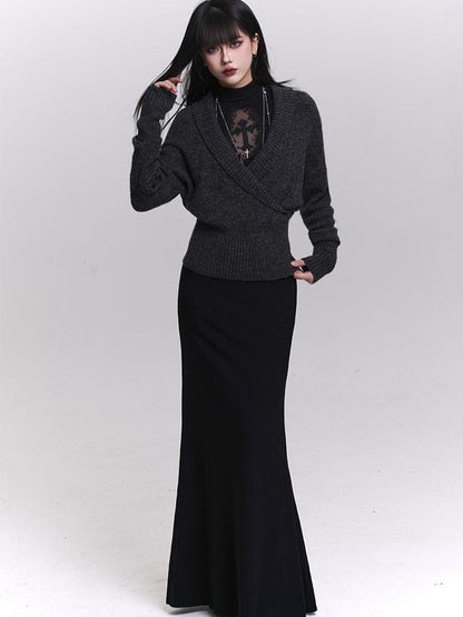 Gothic Elegance Black Mermaid Dress with Coffin-Shaped Cutout & Cross Applique