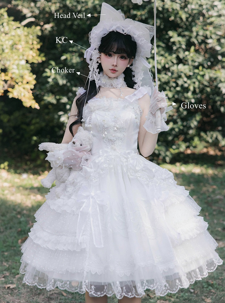 Lily Sweet of Lace Gloves Valley Embroidered Lolita Full Set Choker Veil + KC Head Dress White the