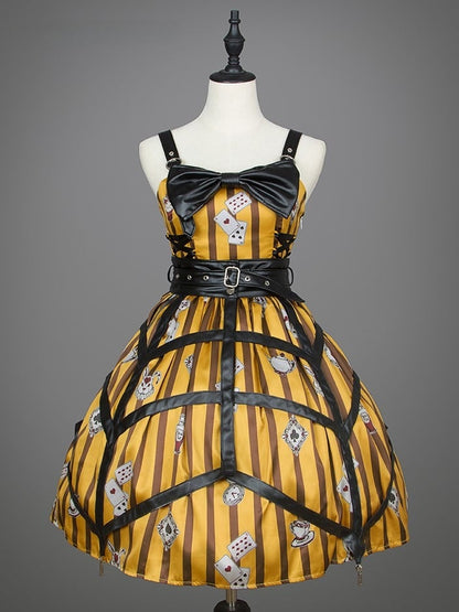 Gestreiftes gelbes Kleid mit braunen Lolita-Kartendrucken und Punk