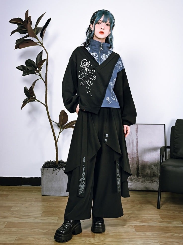 Black & Blue Asymmetrical Stand Collar Dark Fashion Sweatshirt with Jellyfish Motif - Quirky Hut