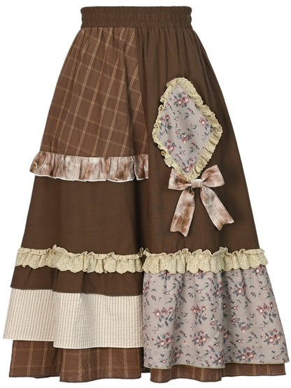 Brown Mori Kei High Waist Patchwork Skirt Lace Trim