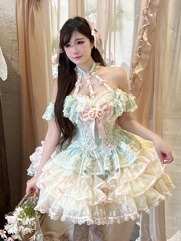 Stufenrock Neckholder Kei Fee Rüschen Hals Korsett Spitze Prinzessin Kleid Taille Mintgrün