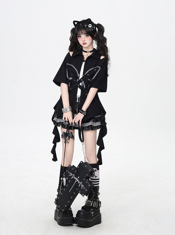 Cascading Ruffles Black Cutout Shoulder Butterfly with Criss-cross Design  Zip-up Shirt