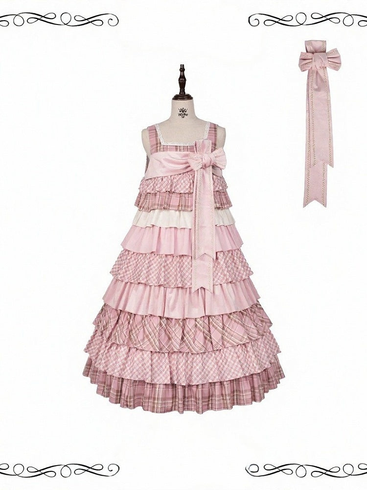 Layered Long Jumper Skirt in Pink Plaid Patchwork with Bowknot Brooch - iris de nuit