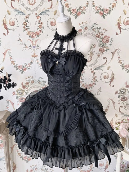 Cross Belle Schwarzes Neckholder-Korsettkleid Gothic Lolita JSK