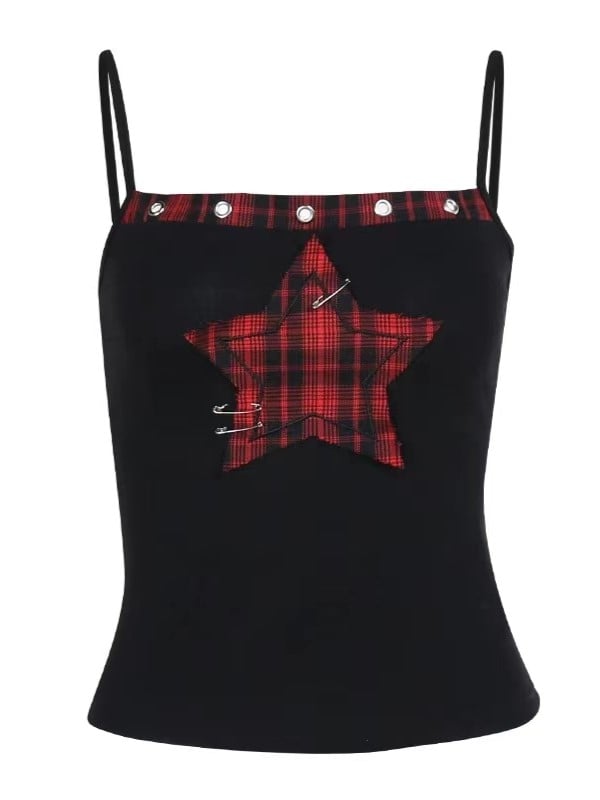 With Cami Applique Black Top Red Star Plaid