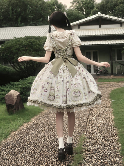 Print and Kitten Jumper Skirt Cream Mangosteen Lolita Green Sweet