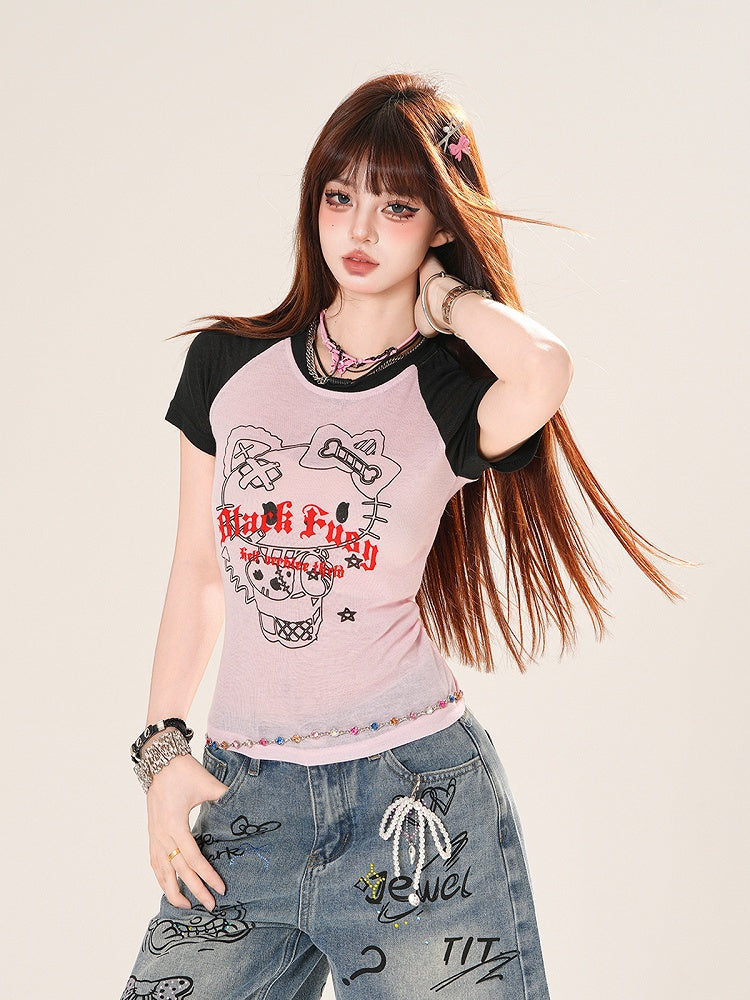 グレー/ピンクのカラーブロックデザイン キティプリントTシャツ