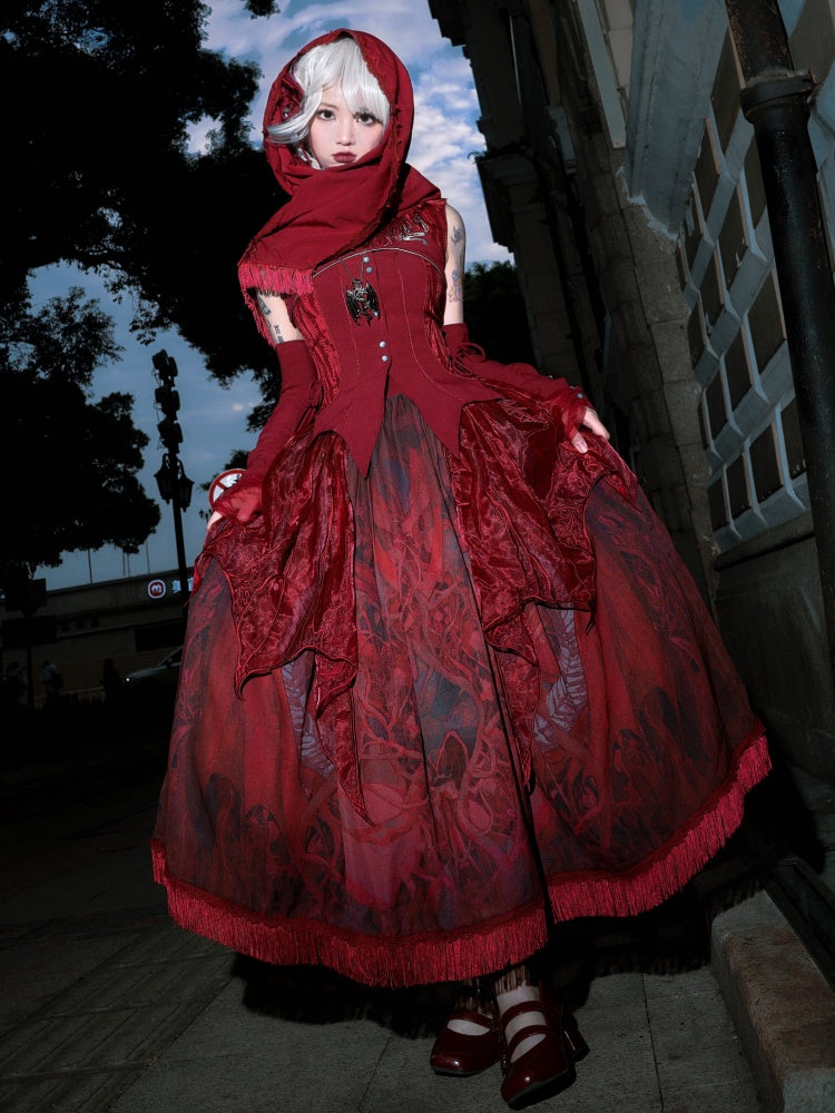 不規則な刺繍オーバーレイが施されたレッドドラゴンプリントスカート