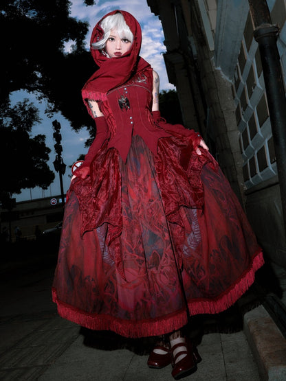 不規則な刺繍オーバーレイが施されたレッドドラゴンプリントスカート