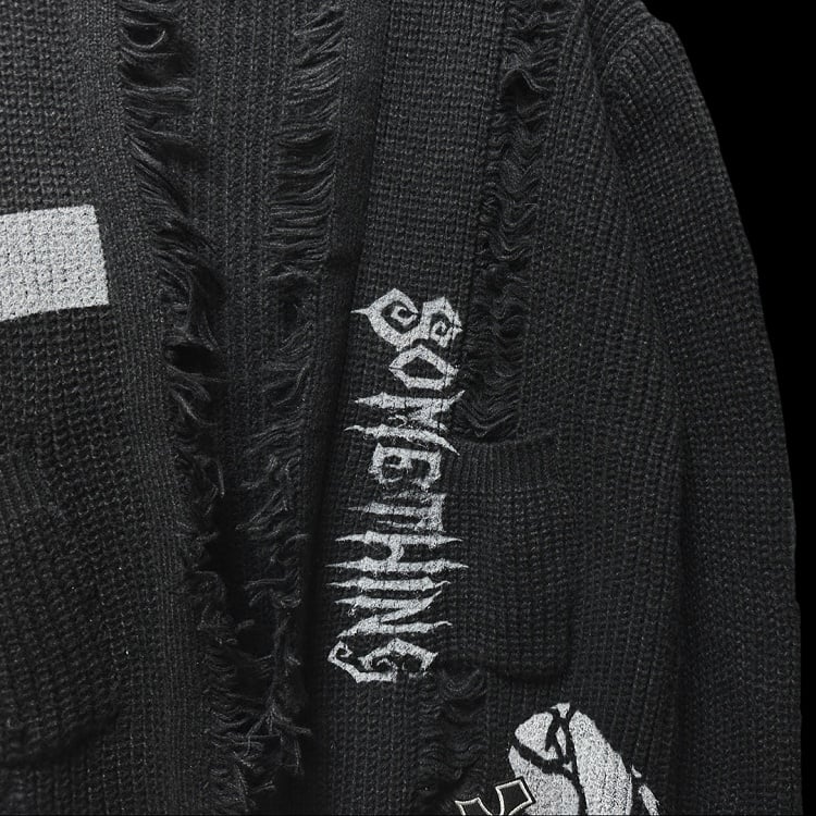 Gothic Punk Schwarzes Kreuz und Skelett Distressed Holes Cardigan Raw Edge