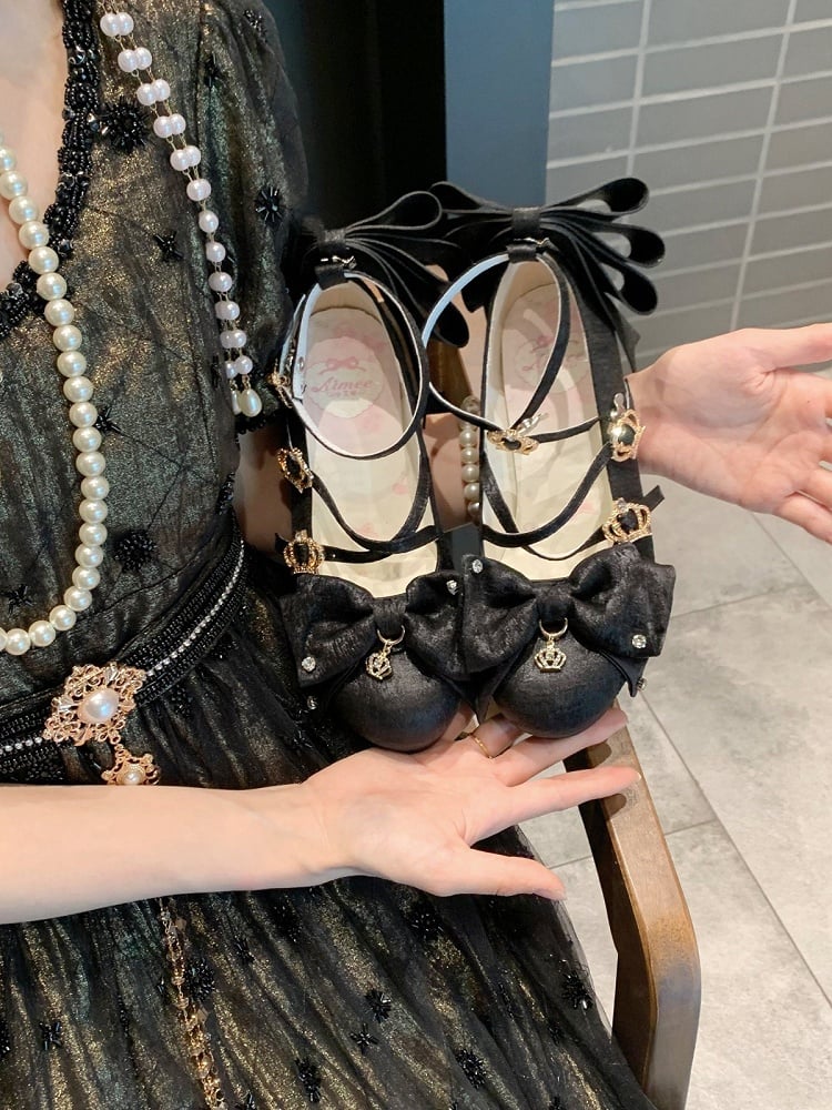 Spakling Black Bowknot Round Toe Lolita Shoes with Crown Buckle and Pendant Details - 8.5cm High Heel - Aimee