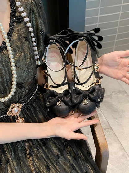 Spakling Black Bowknot Round Toe Lolita Shoes with Crown Buckle and Pendant Details - 8.5cm High Heel - Aimee
