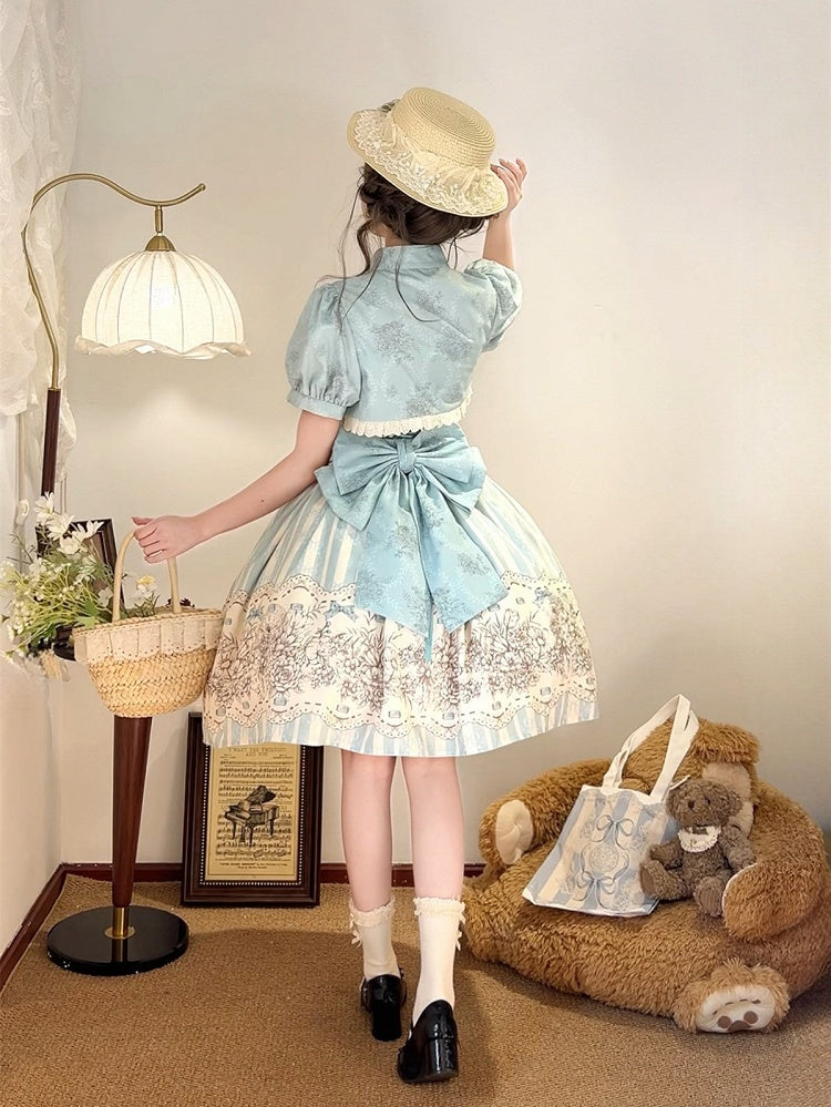 Clock Print and Short Blue Version Lolita Classic Floral Skirt Jumper