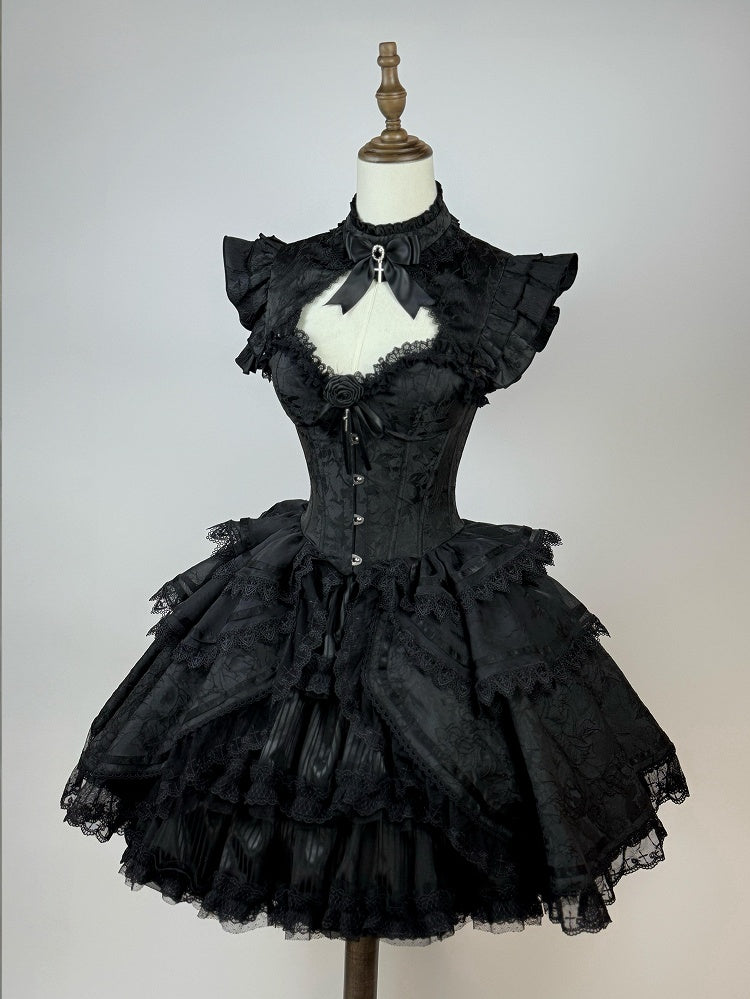 Gothic Lolita Boned Corset Top with Tiered Skirt and Collar in All Black - Somnium Isle