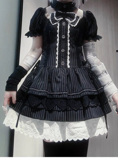 Gothic Batwing Sleeve Lace-up Dress Collar with Waist Stripes Puff Black