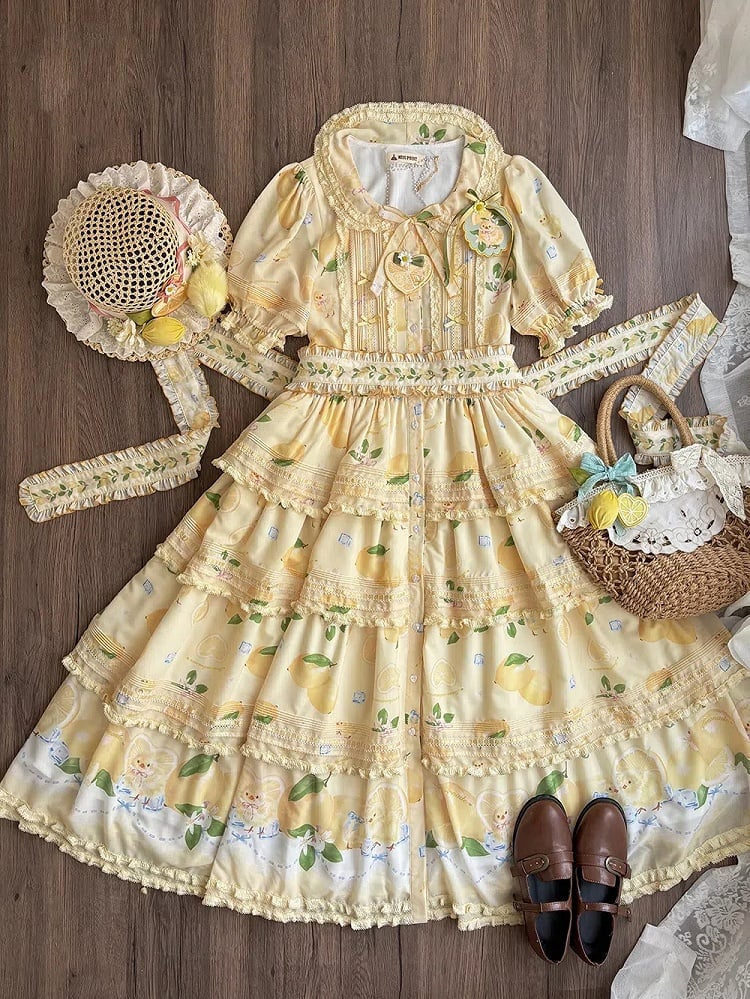 Button Chick Placket Skirt and Lolita Sleeves Short Print Yellow Front Lemon Dress Tiered