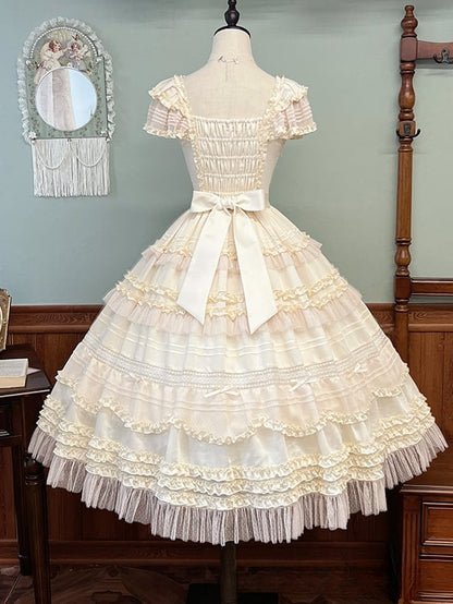 Pleating Details Classic Ruffle Trims Lolita Dress and Elegant Beige