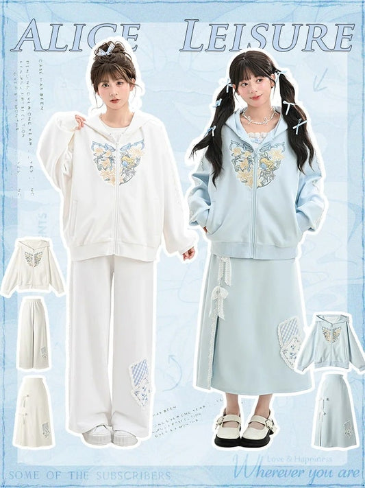 Blue/White Alice in Wonderland Embroidered Zip Closure Hoodie