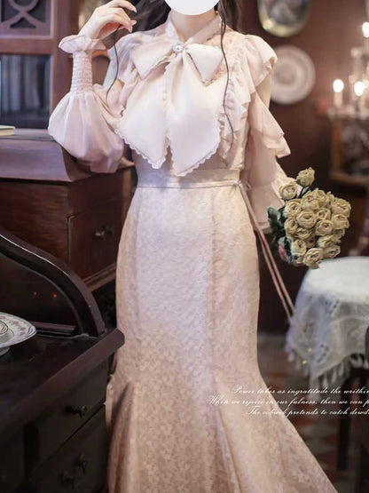 Sakura Pure with Blouse Elegant Kei Clean Cutout Aesthetic Shoulders Jirai Flounce Pink