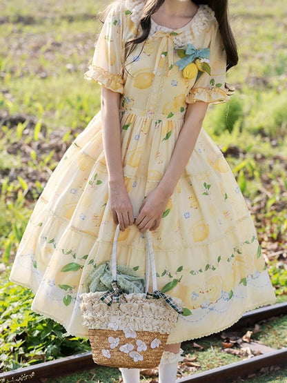 春とひよこドレス袖ショート夏プリントロリータレモンイエロー