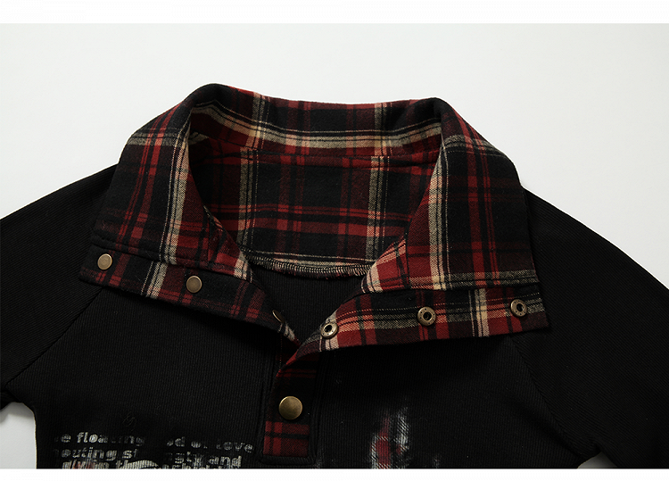 Black and Red Plaid Polo Collar Drawstring Waist Top