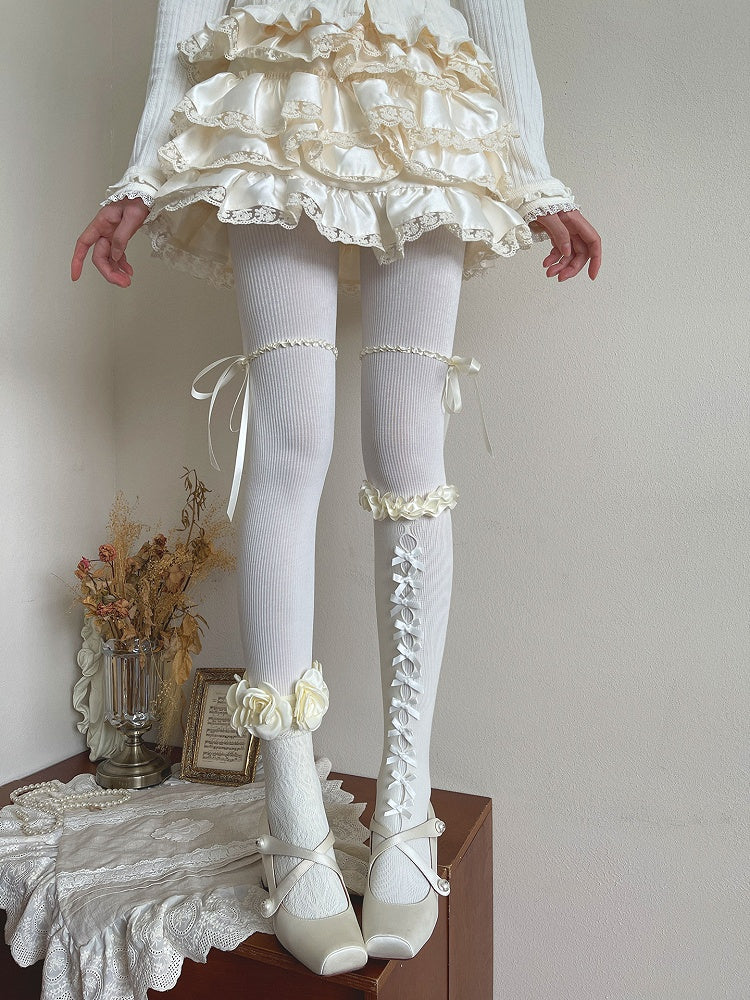 Vertical White with Strip Pattern Lace Bowknot Trim and Apricot/Pink/Blue Striped Tights