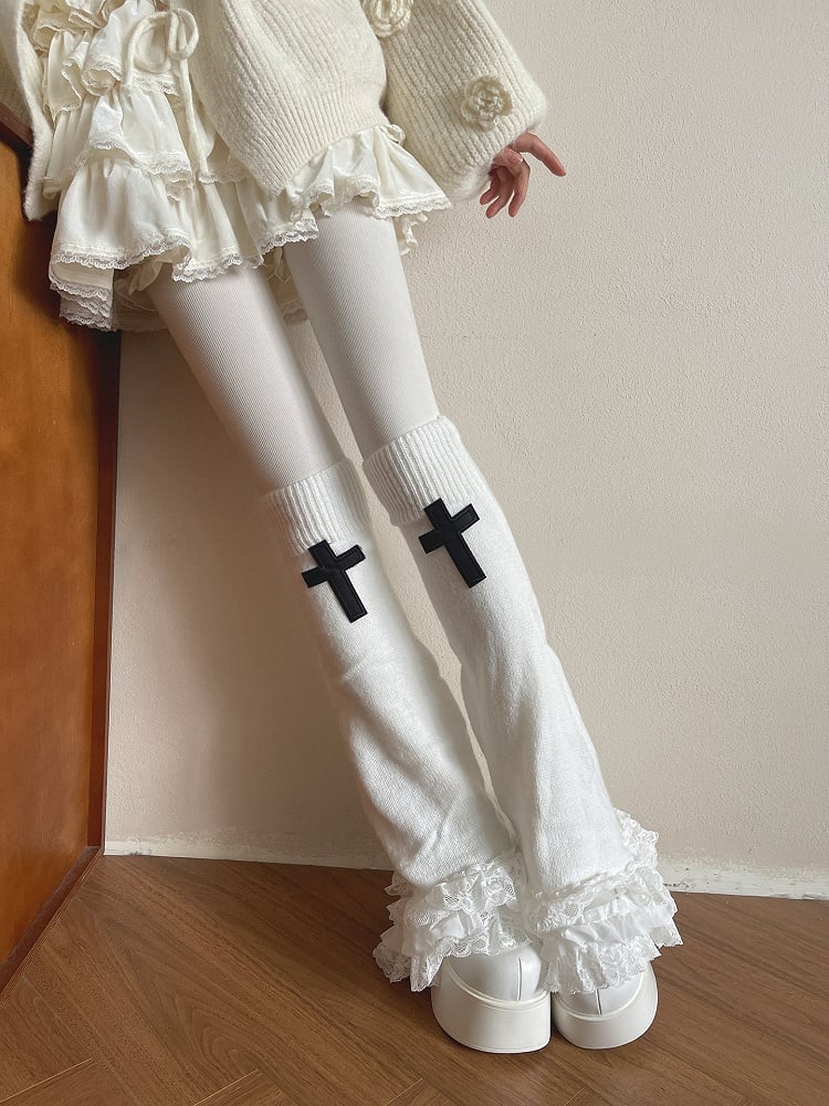 Knitted Lace Trim Leg Gothic Cross Flared Decoration Warmerswith White