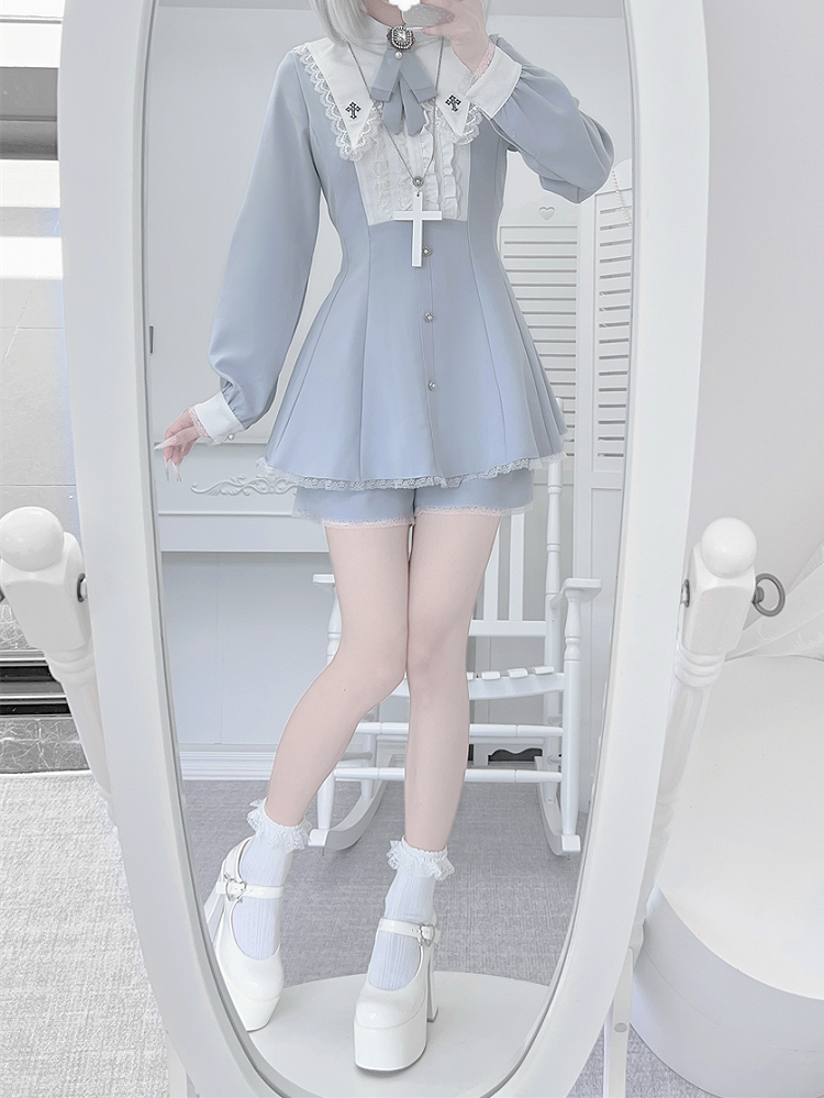 Water Kei Collar Blue Jirai Ensemble: Dress Ethereal Cross-Embroidered