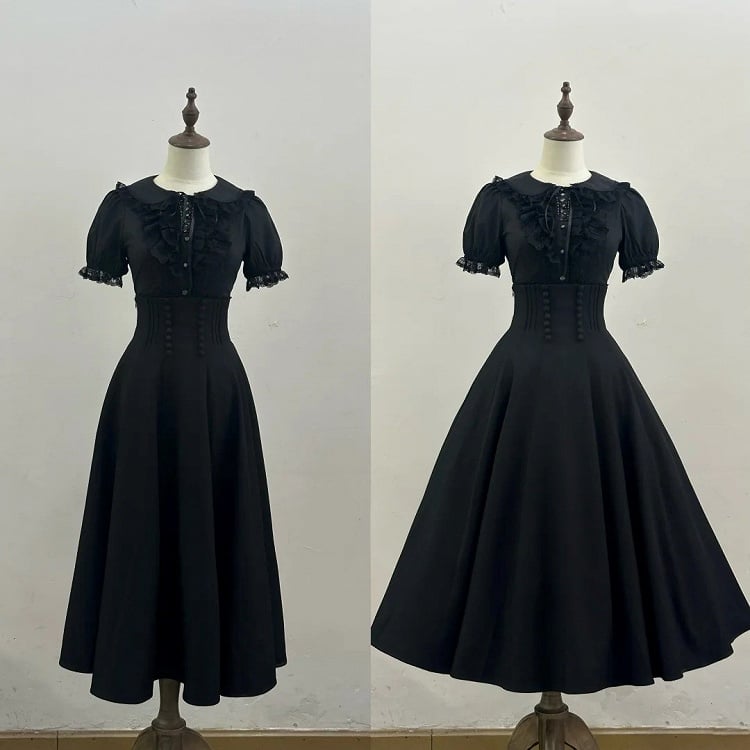 High Black Long Lolita Waist Skirt