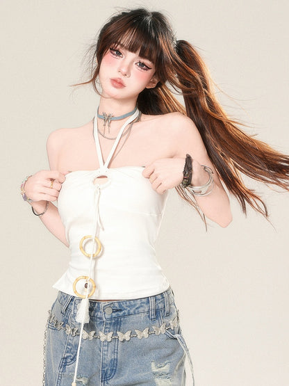 ストラップネックタッセルトップホワイトホルターグラマラス