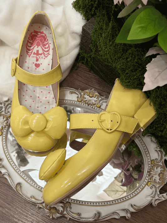 Mary - Low Round Yellow Sweet Jeans Toe PU Heels