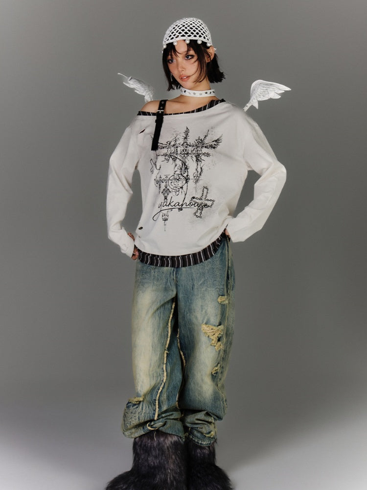 Y2K Apricot Asymmetrical Neckline Buckle Strap Glamorous Graphic Top