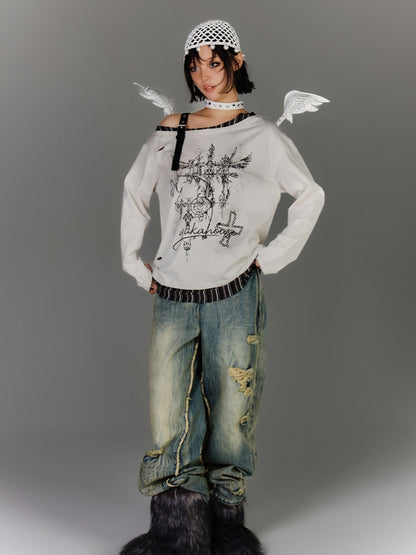 Y2K Apricot Asymmetrical Neckline Buckle Strap Glamorous Graphic Top