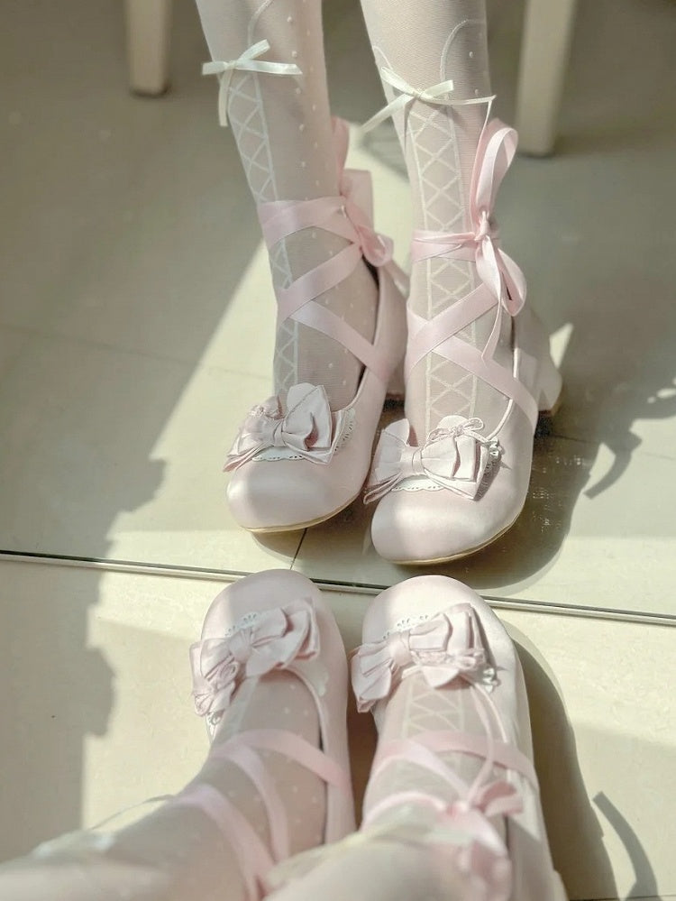 Satin Light Pink Sweet Lolita Round-Toe Low-heel Shoes - Detachable Ankle Strap with Heart Snap & Scalloped Edge