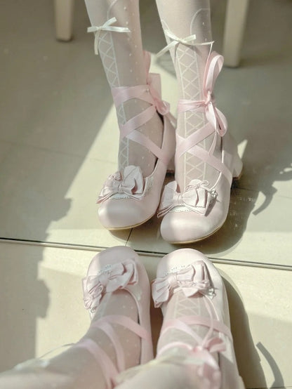 Satin Light Pink Sweet Lolita Round-Toe Low-heel Shoes - Detachable Ankle Strap with Heart Snap & Scalloped Edge