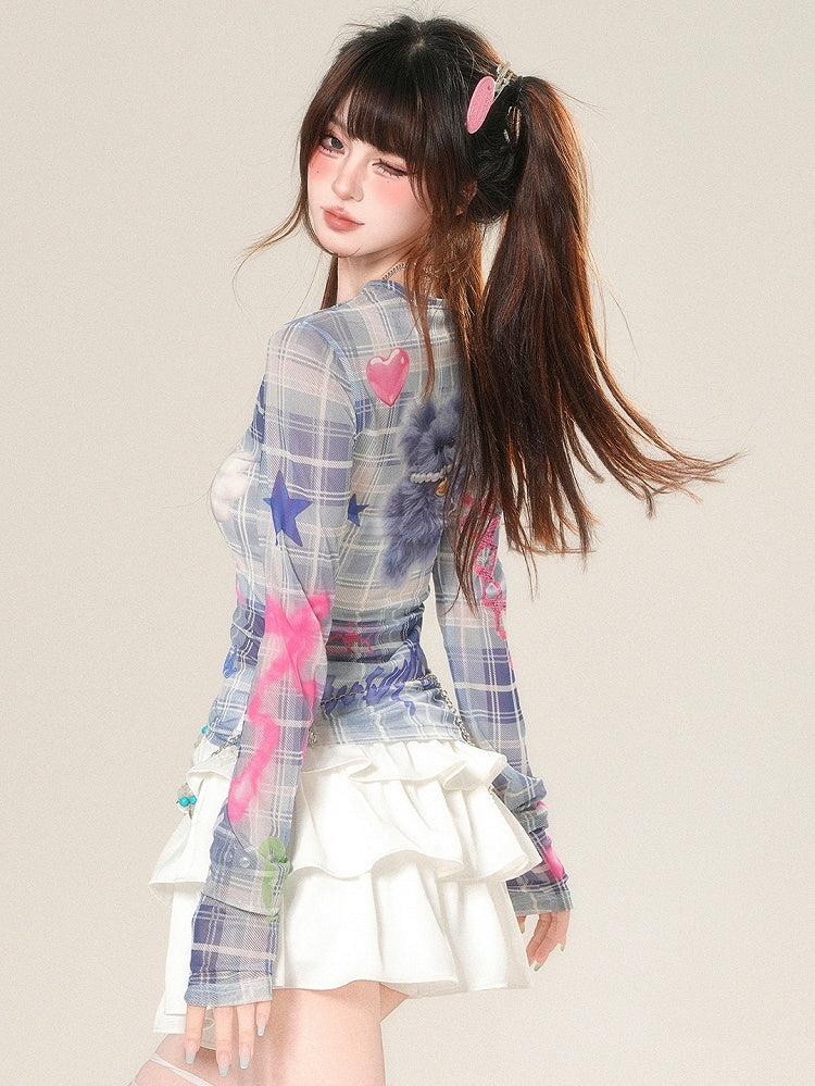 Blaues und glamouröses Top mit Druckmuster, langen Ärmeln, Buchstaben-Plaid-Puppe