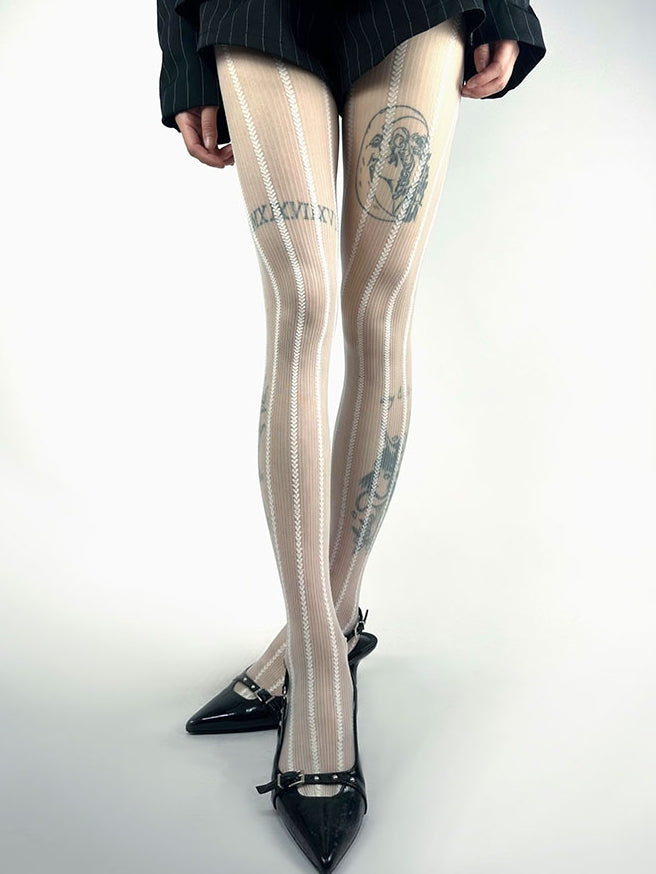 パープル/ブラウン/ホワイトのストライプハートタイツ