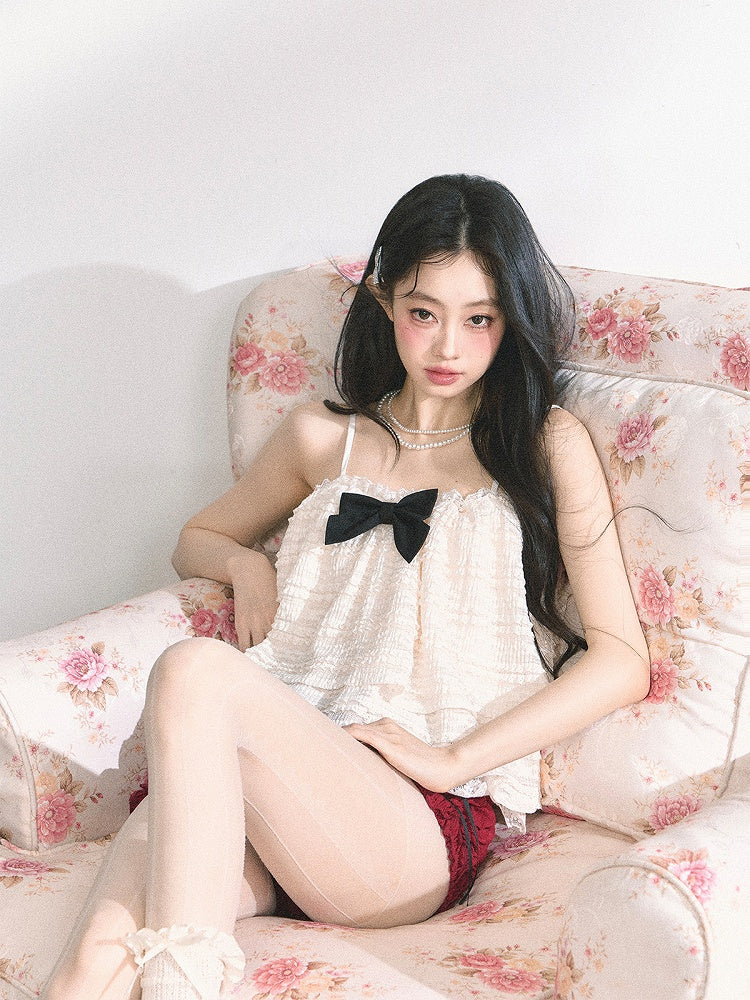 アプリコット レーストリム ティアードキャミソール リボン結び ブラック