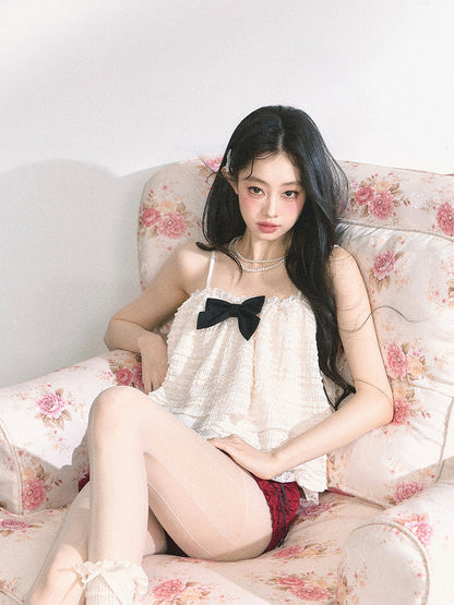 アプリコット レーストリム ティアードキャミソール リボン結び ブラック