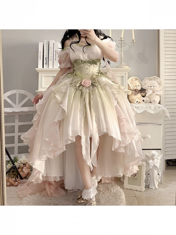 Neckline High-low PinkGreen with Dress Bodice Gradient Color Lolita Off-the-shoulder Boned