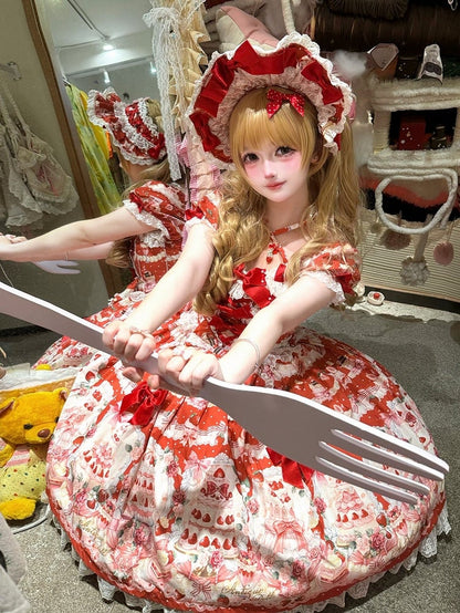 Set Sweet Print / Volle Erdbeere Lolita Schleife Kuchen Kleid Akzente Rot