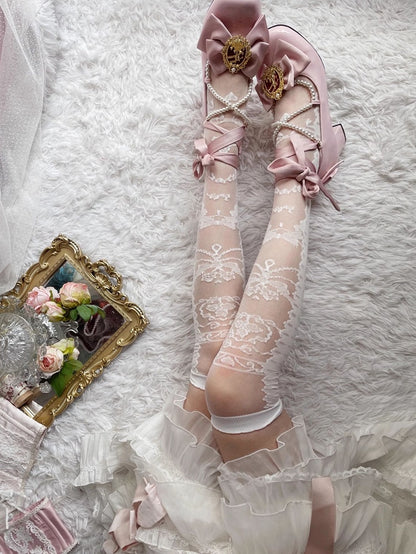 Sheer Stockings White Pattern Lolita Bowknot