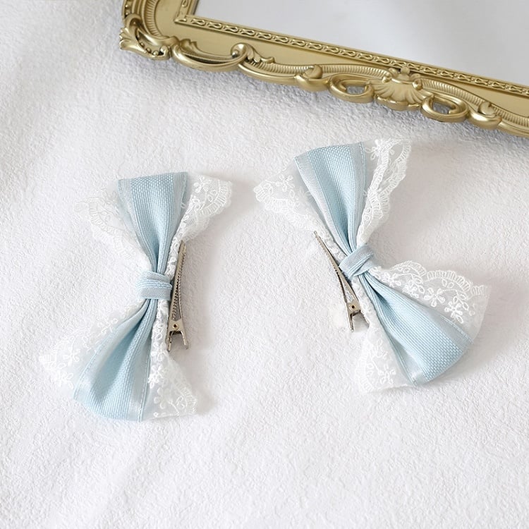 Lolita Cute And Lace Pair Of Bowknot Light Blue Hairclips A White