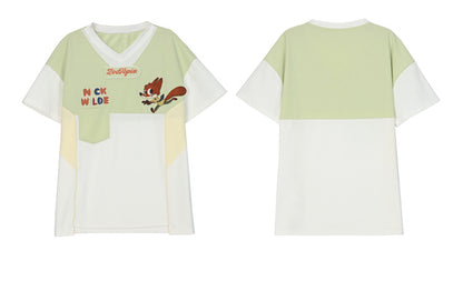 ズートピア ニックグリーン Vネック カラーブロック デザイン Tシャツ